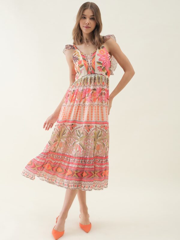 Beige Floral Printed Sleeveless Flared Dress - Image 4