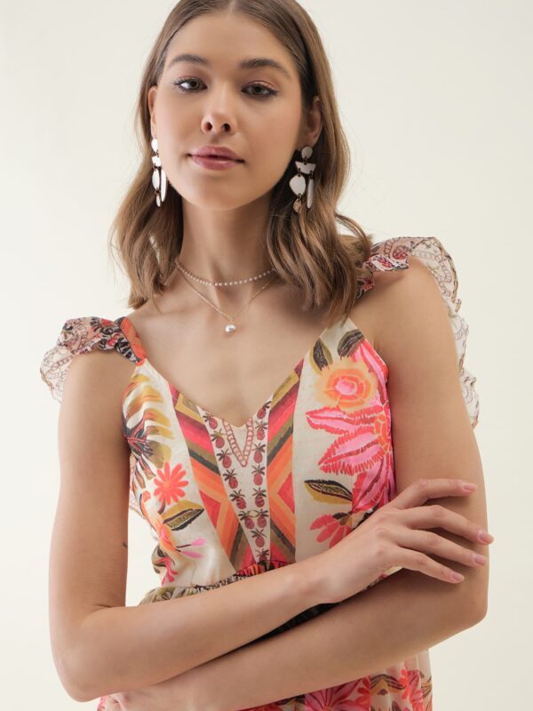 Beige Floral Printed Sleeveless Flared Dress - Image 2