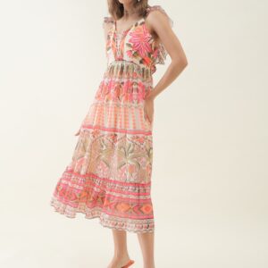 Beige Floral Printed Sleeveless Flared Dress