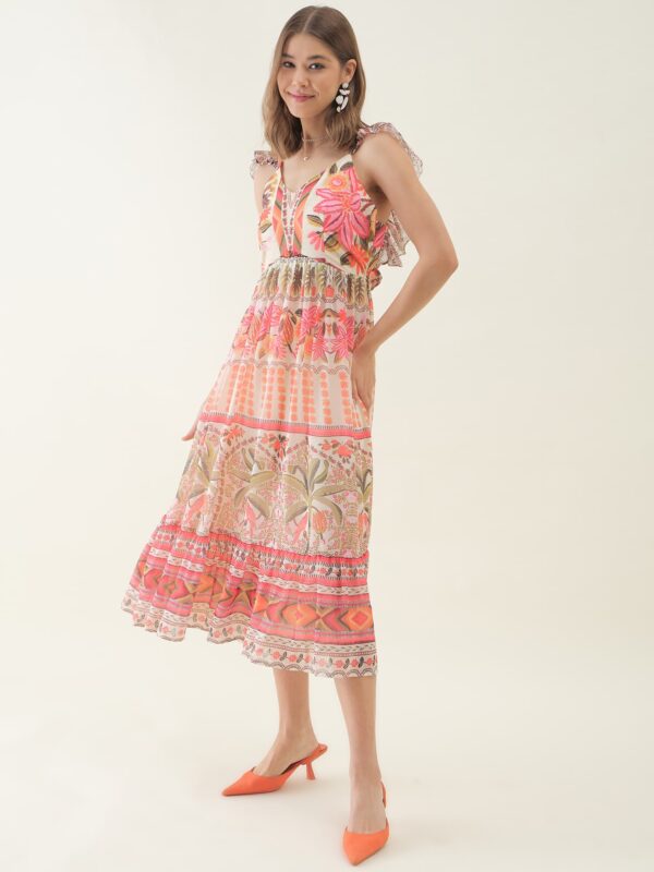 Beige Floral Printed Sleeveless Flared Dress